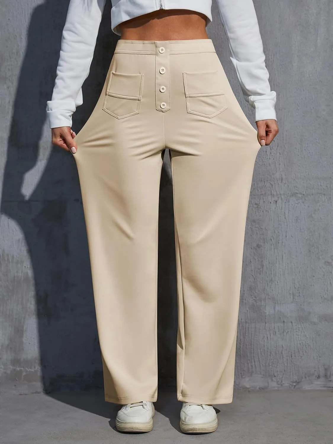 Women's Wide Leg Lounge Pants 2025 Spring High Waisted Work Casual Adjustable Tie Knot Loose Trousers with Pockets