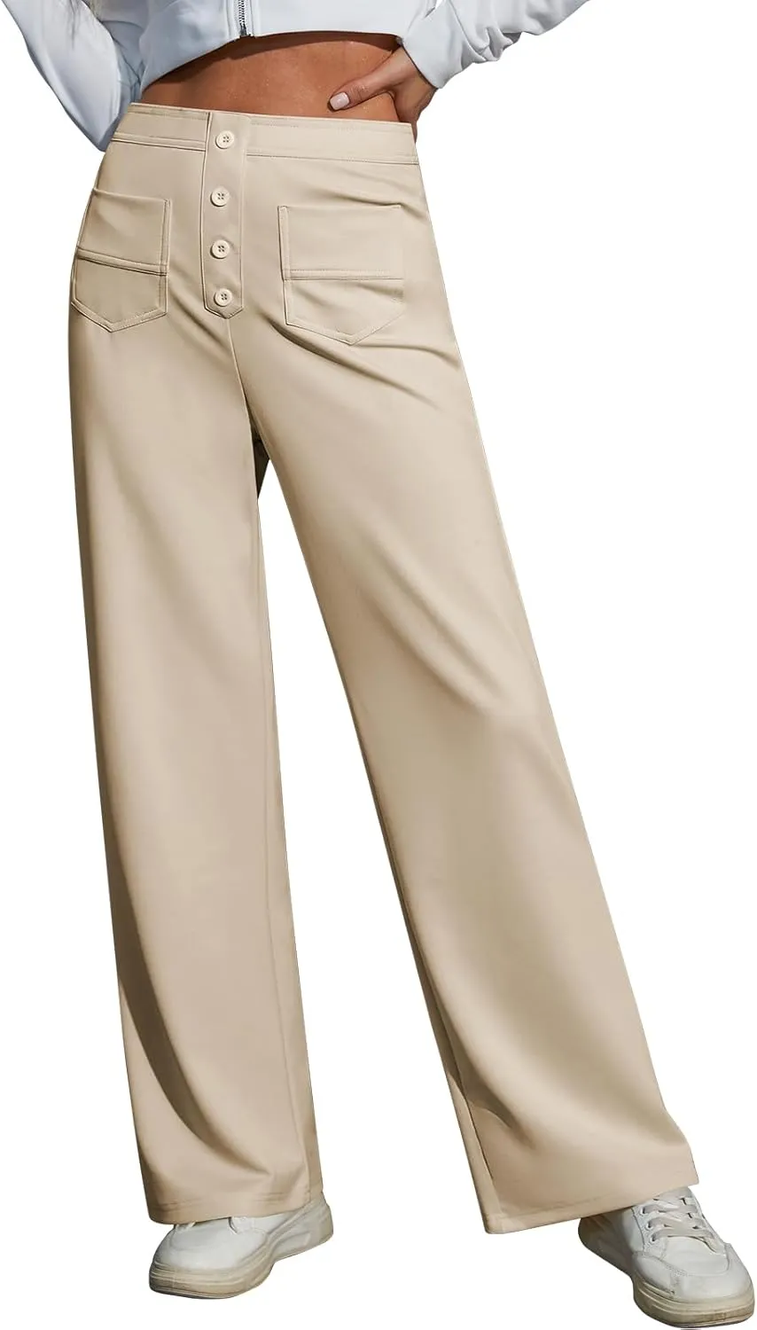 Women's Wide Leg Lounge Pants 2025 Spring High Waisted Work Casual Adjustable Tie Knot Loose Trousers with Pockets